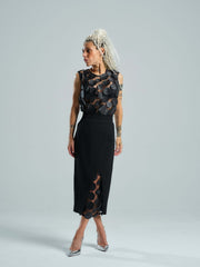 Appliqué-Detailed Mesh Top & Pencil Skirt Co-Ord Set