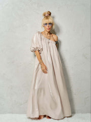 Beige One-Shoulder Asymmetric Maxi Dress