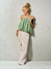 Beige Linen Tie-Waist Pants