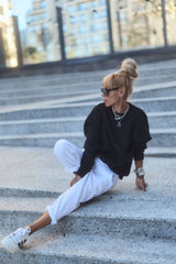 Black Oversized Sweatshirt & White Jogger Set
