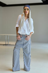 Blue & White Striped Wide-Leg Pants