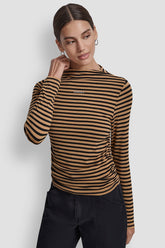 SIDE RUCHED HIGH NECK LONG SLEEVE TOP WITH RHINESTONE