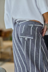 Grey Pinstripe Wide-Leg Linen Blend Pants