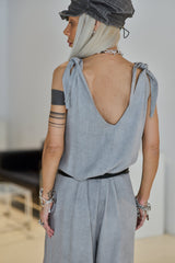 Grey Tie-Shoulder Wide-Leg Jumpsuit
