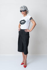 White T Shirt Blouse with Short Sleeves and Leatherette Lips