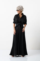 Elegant Maxi Black Shirt Dress with Vegan Leather Belt