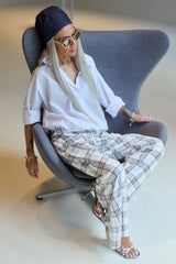 White Plaid Wide-Leg Statement Pants