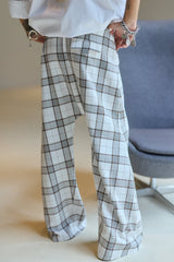White Plaid Wide-Leg Statement Pants