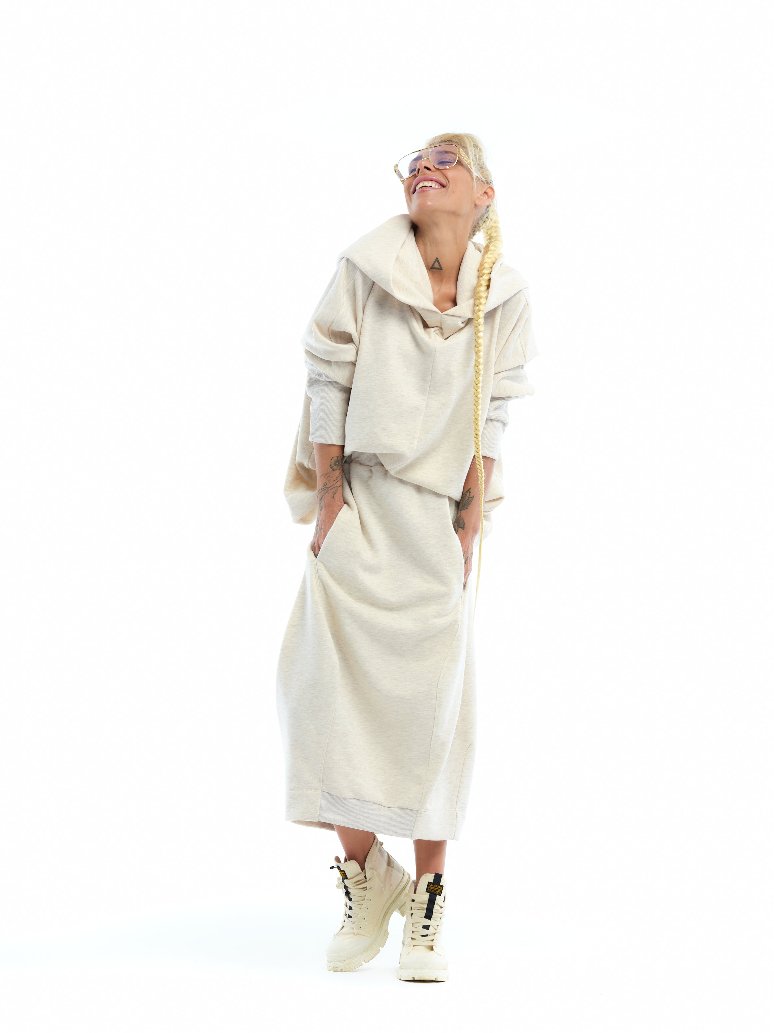 Cream Hoodie and Skirt Sweatsuit Set