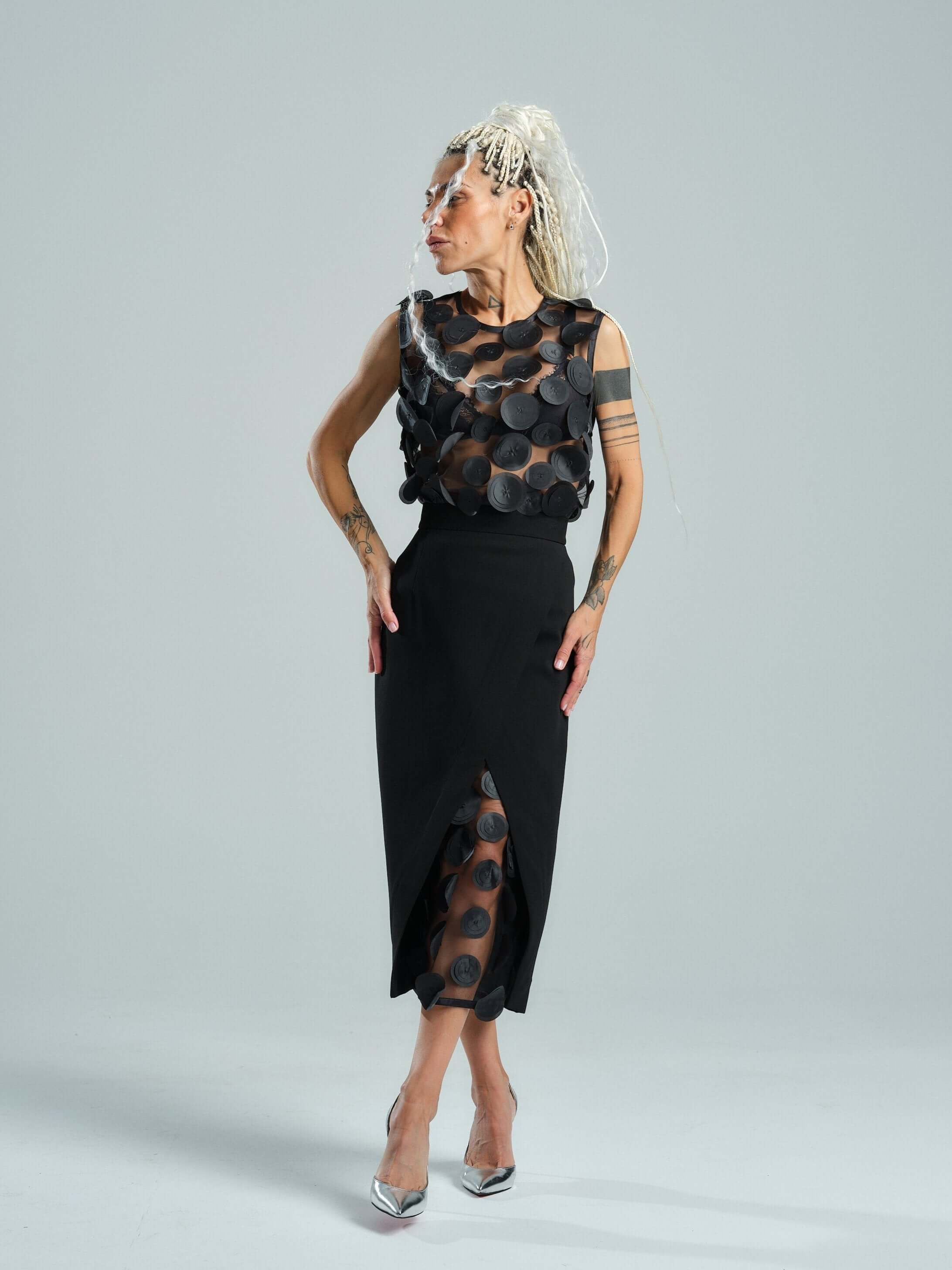 Appliqué-Detailed Mesh Top & Pencil Skirt Co-Ord Set
