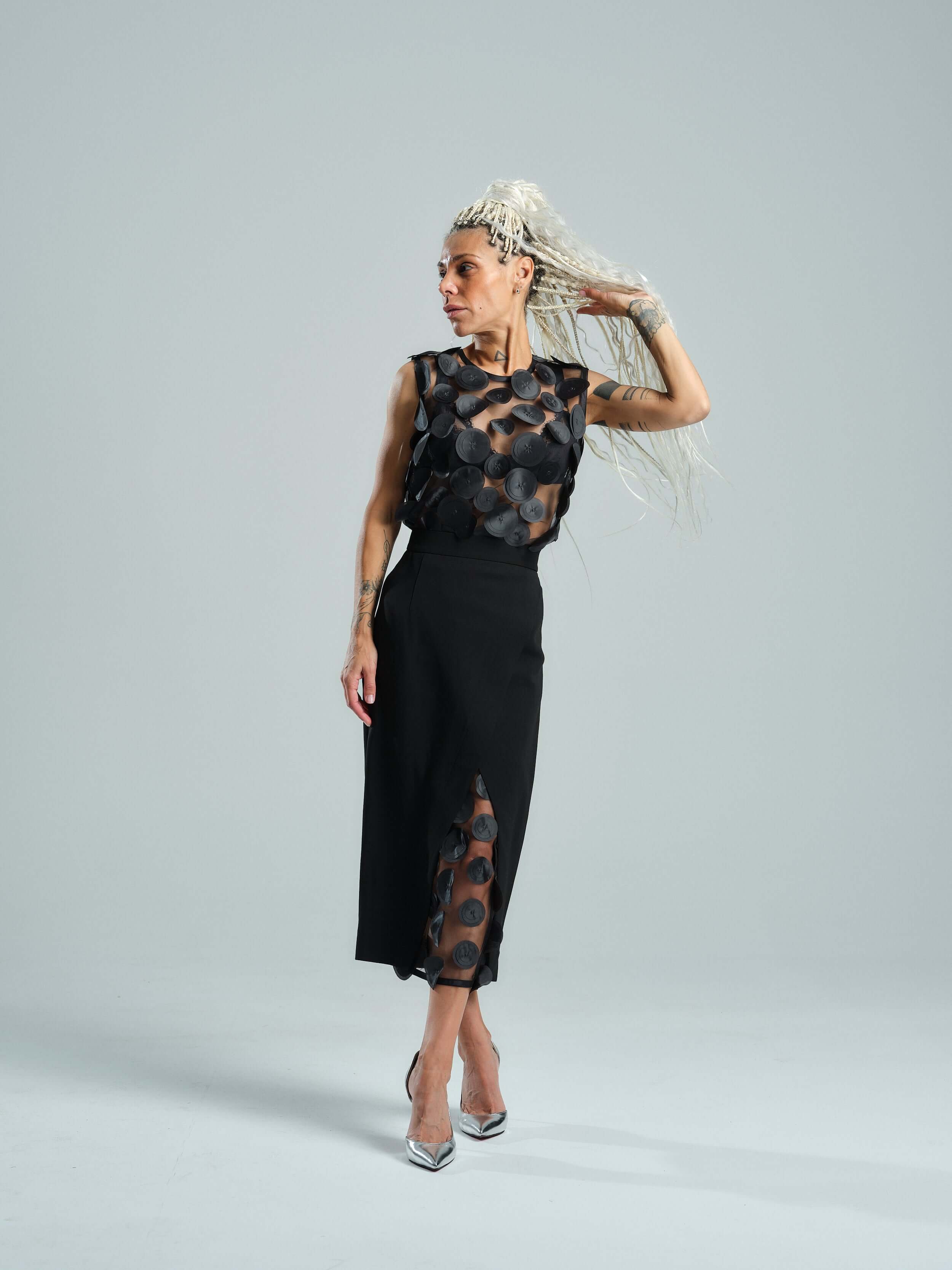 Appliqué-Detailed Mesh Top & Pencil Skirt Co-Ord Set