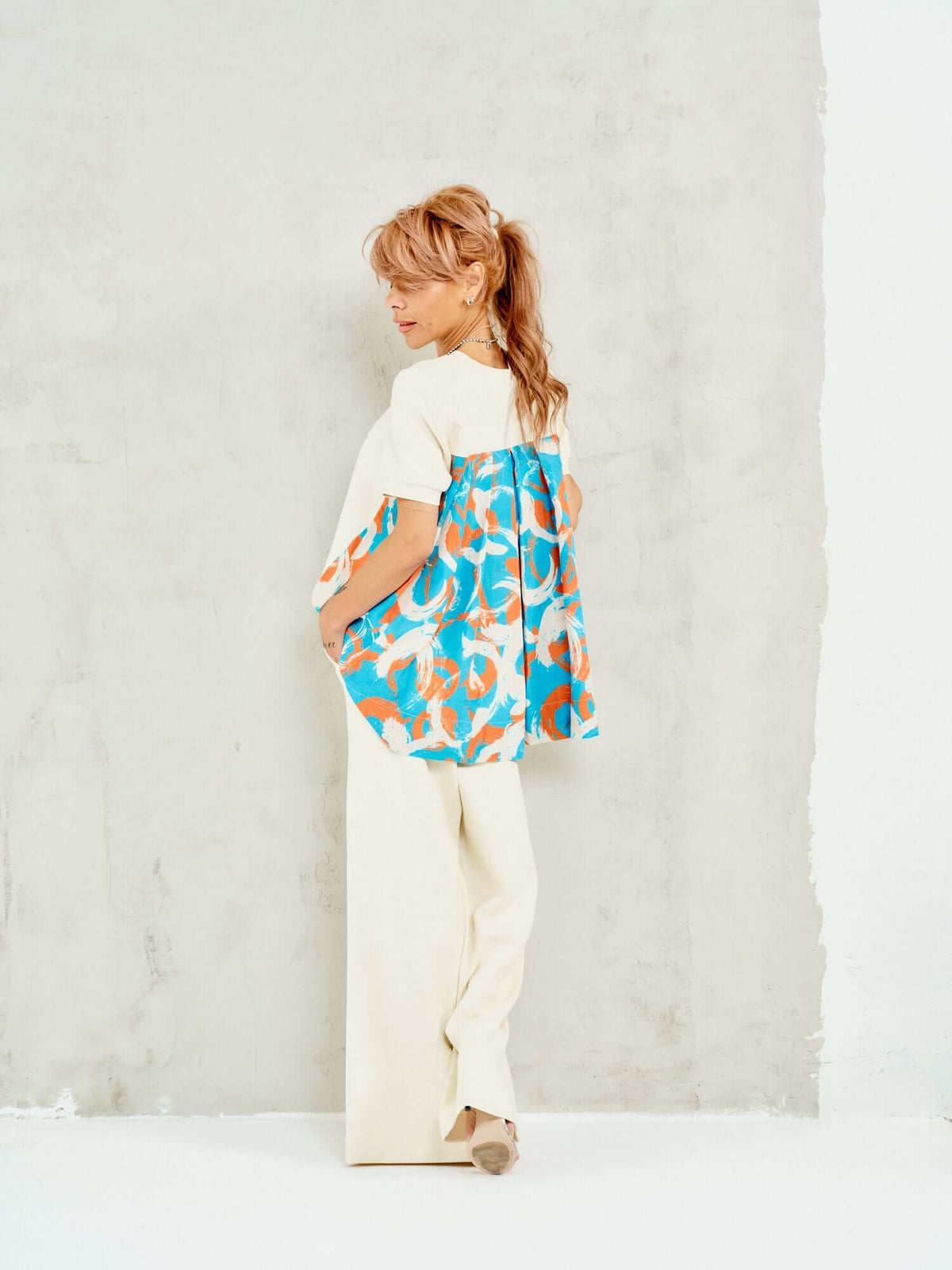 Patterned-Back Puff-Sleeve Co-Ord Set