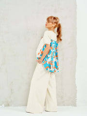 Patterned-Back Puff-Sleeve Co-Ord Set