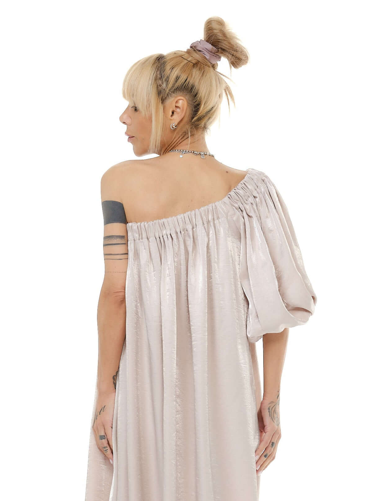 Beige One-Shoulder Asymmetric Maxi Dress