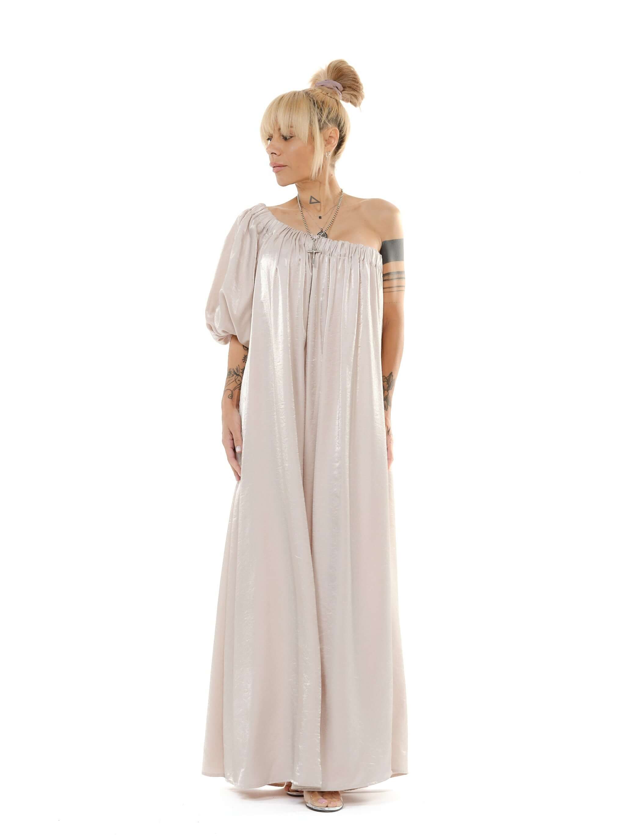 Beige One-Shoulder Asymmetric Maxi Dress