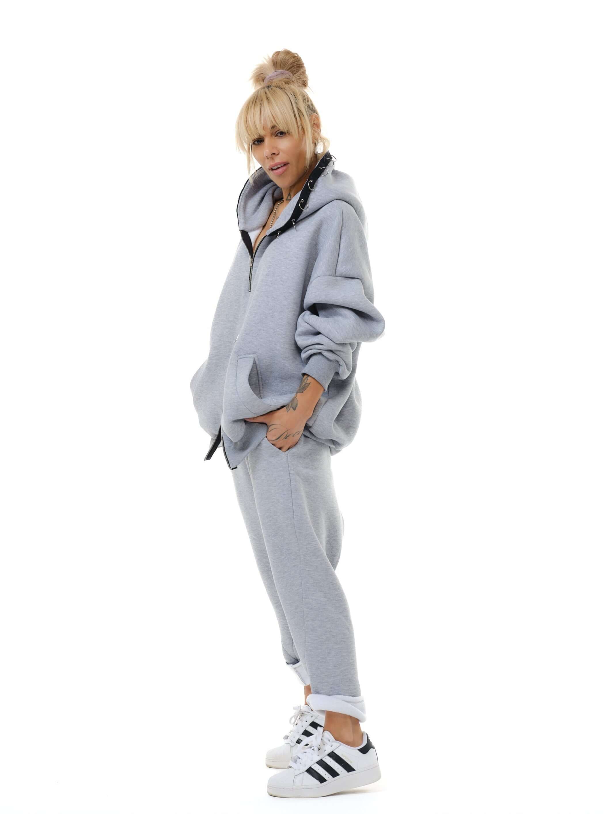Two Pieces Grey Zip Hoodie Set