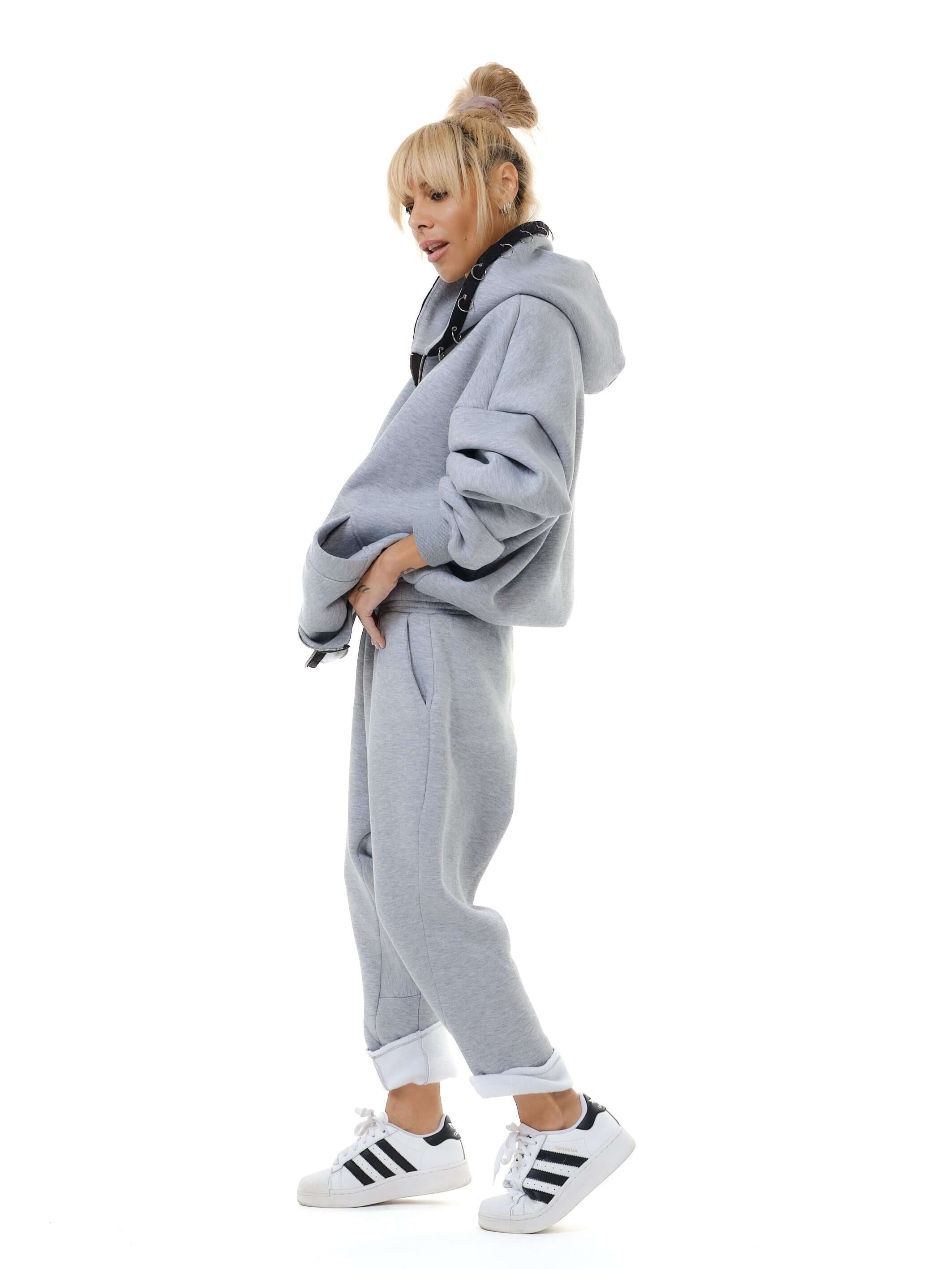 Two Pieces Grey Zip Hoodie Set