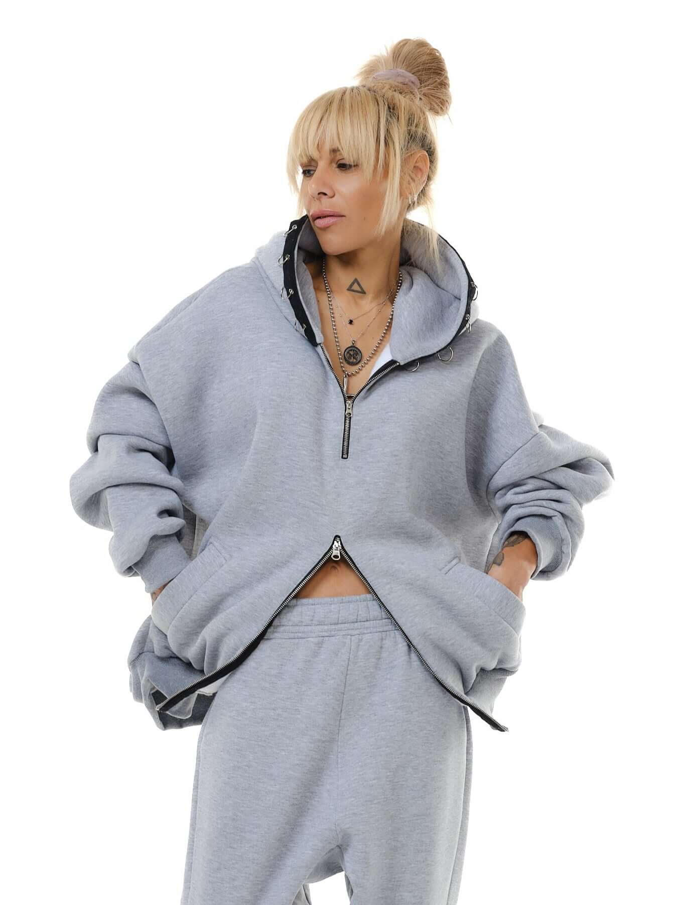 Two Pieces Grey Zip Hoodie Set