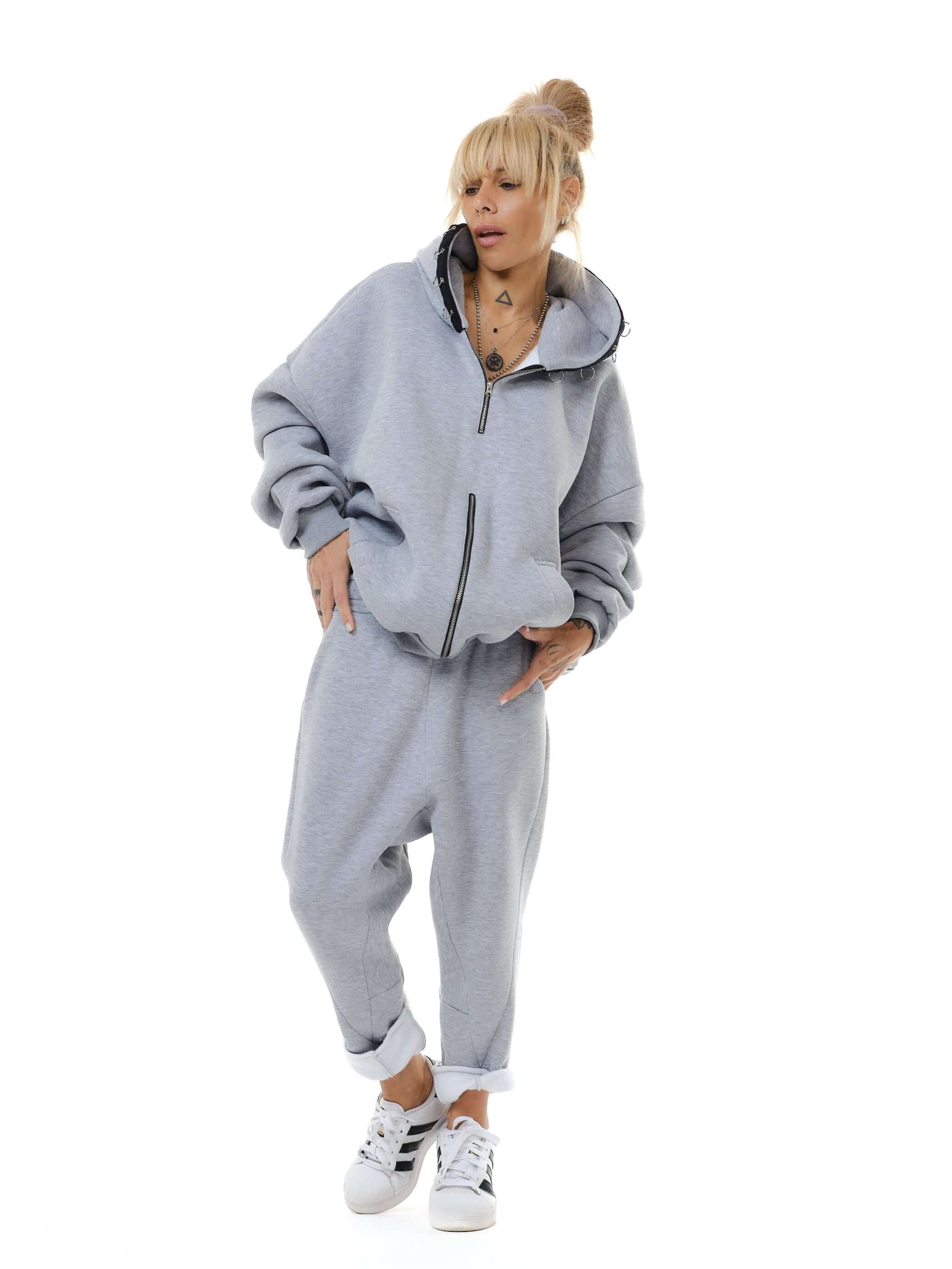 Two Pieces Grey Zip Hoodie Set