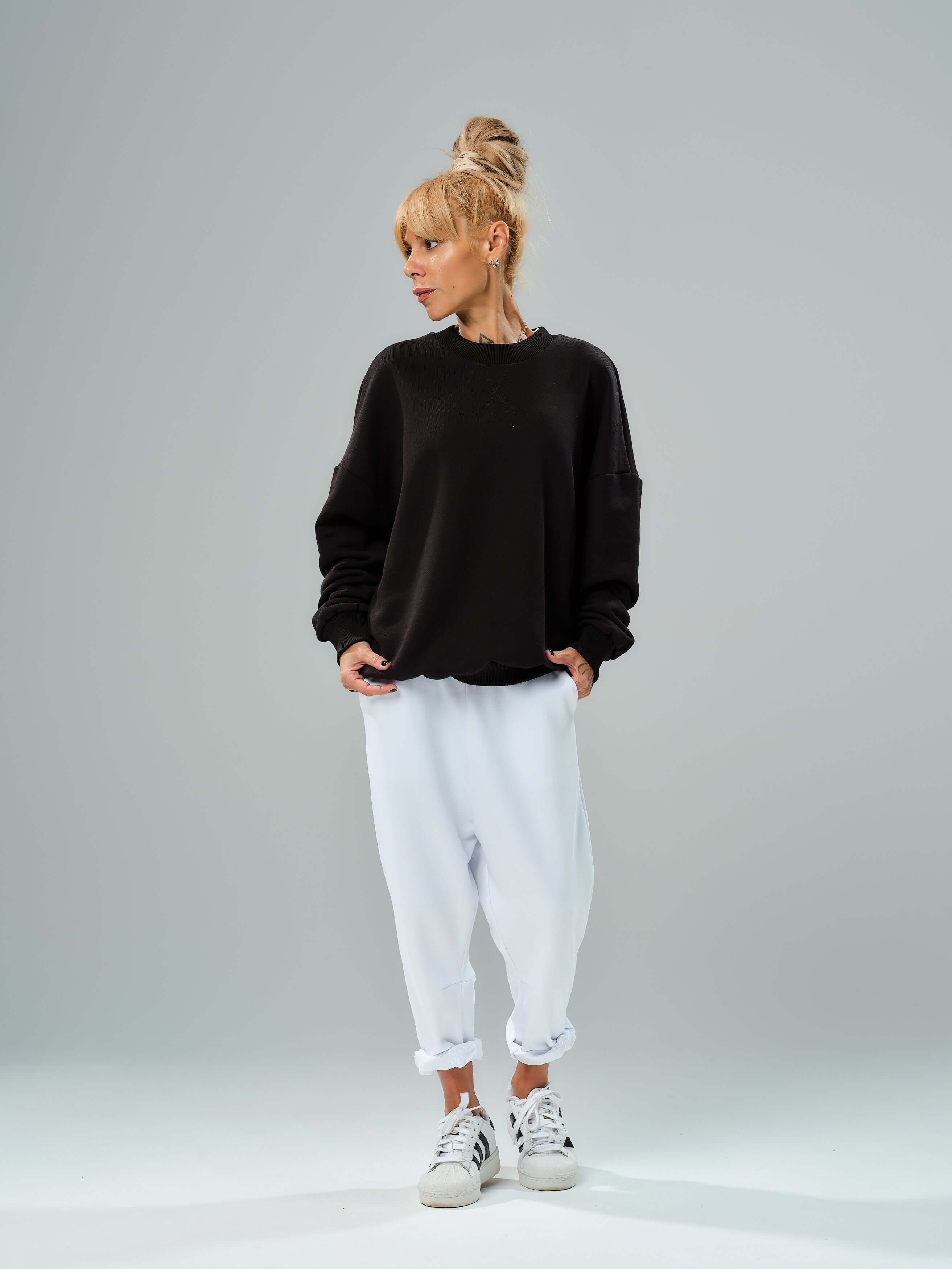 Black Oversized Sweatshirt & White Jogger Set