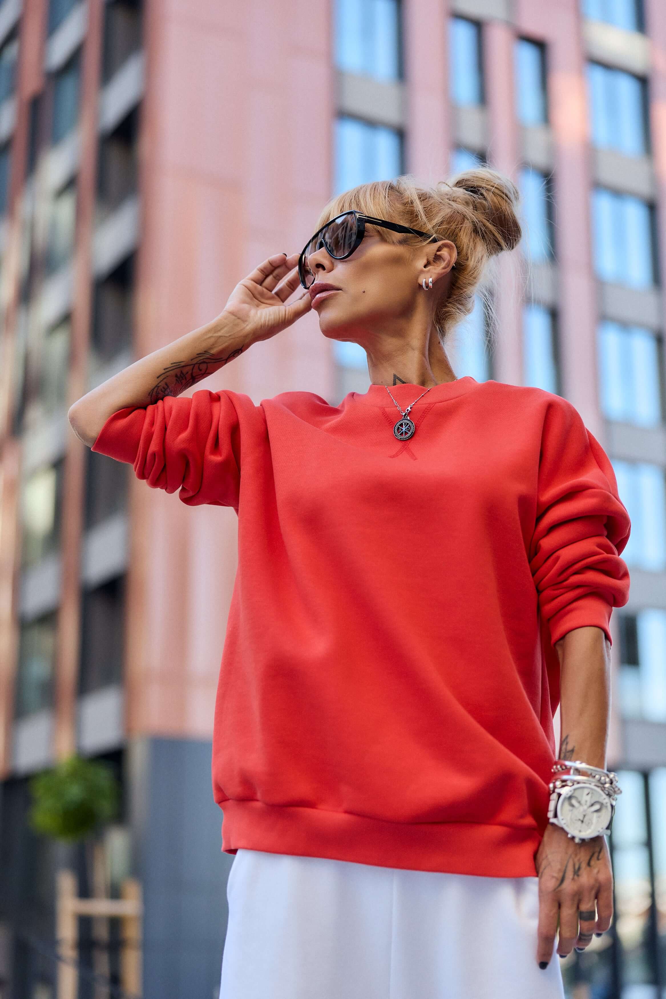 Red Oversized Sweatshirt & White Jogger Set