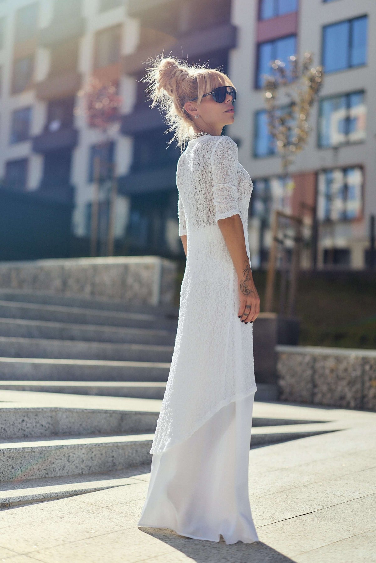 White Maxi Co-Ord Set with Tunic & Elastic Waist Skirt