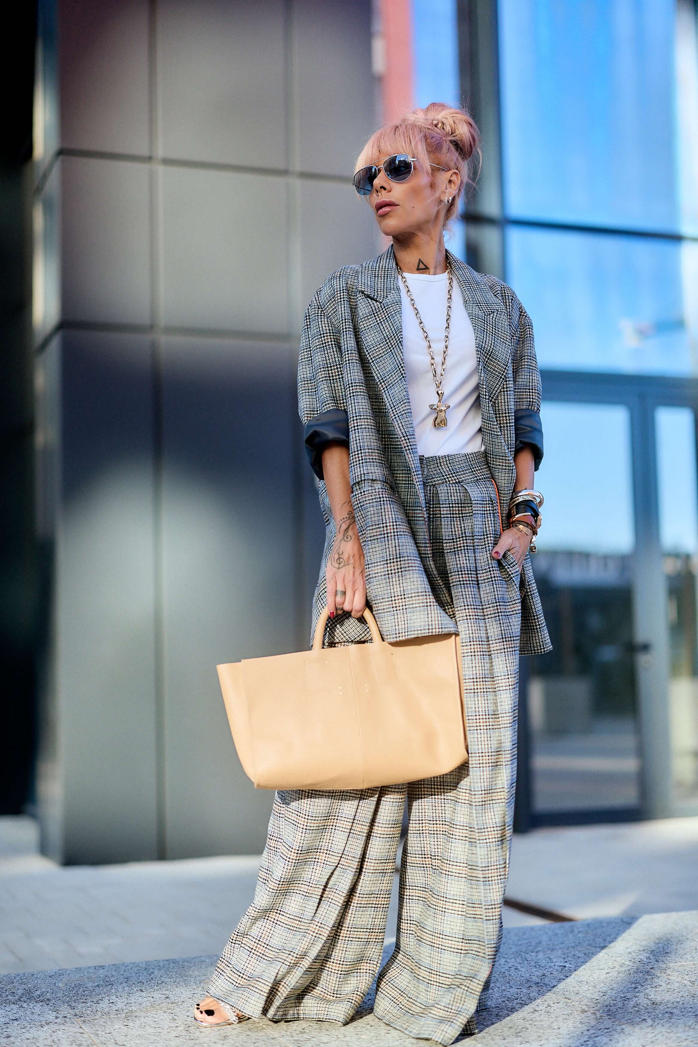 Wide-Leg Checked Pants
