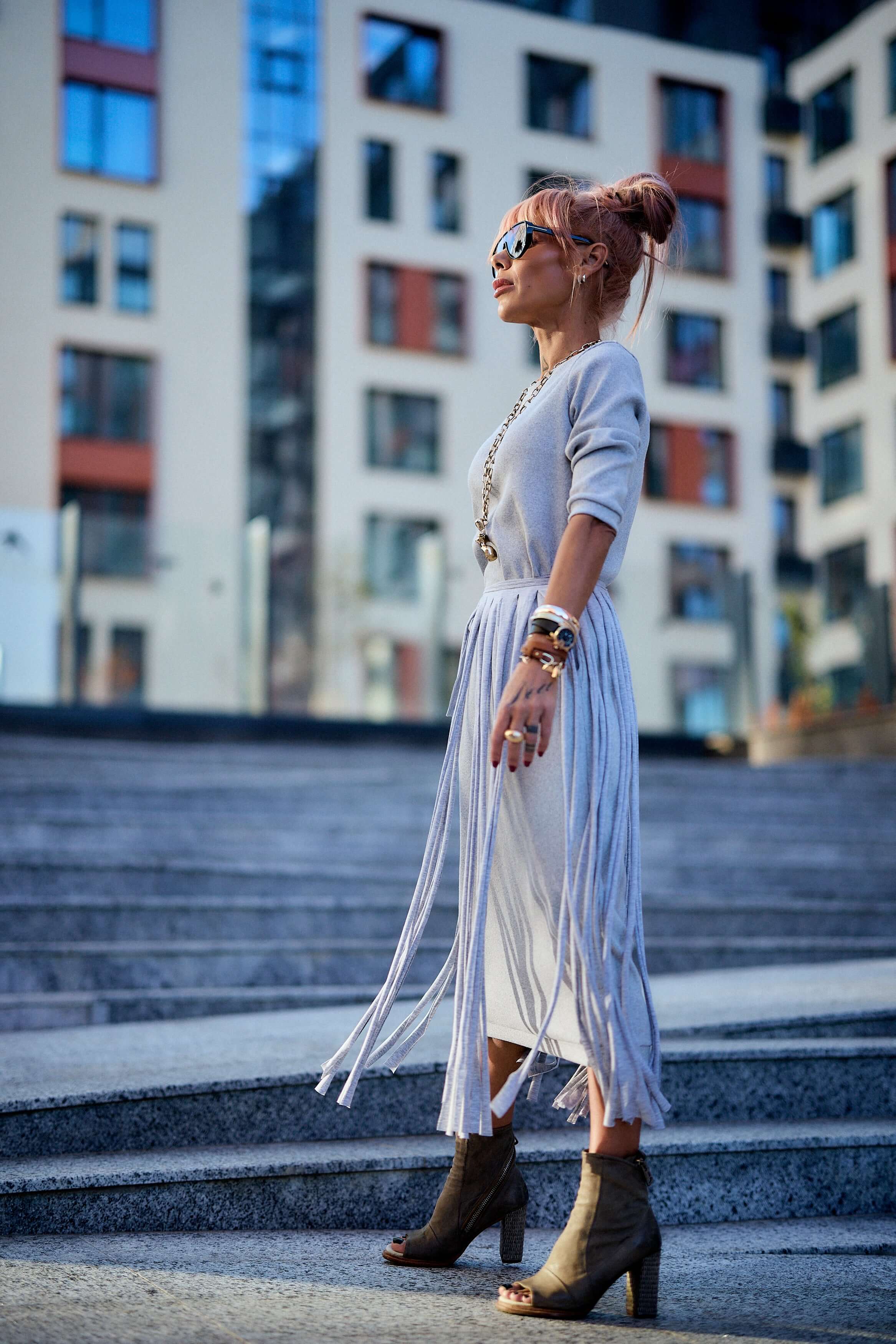 Grey Fringe Midi Dress