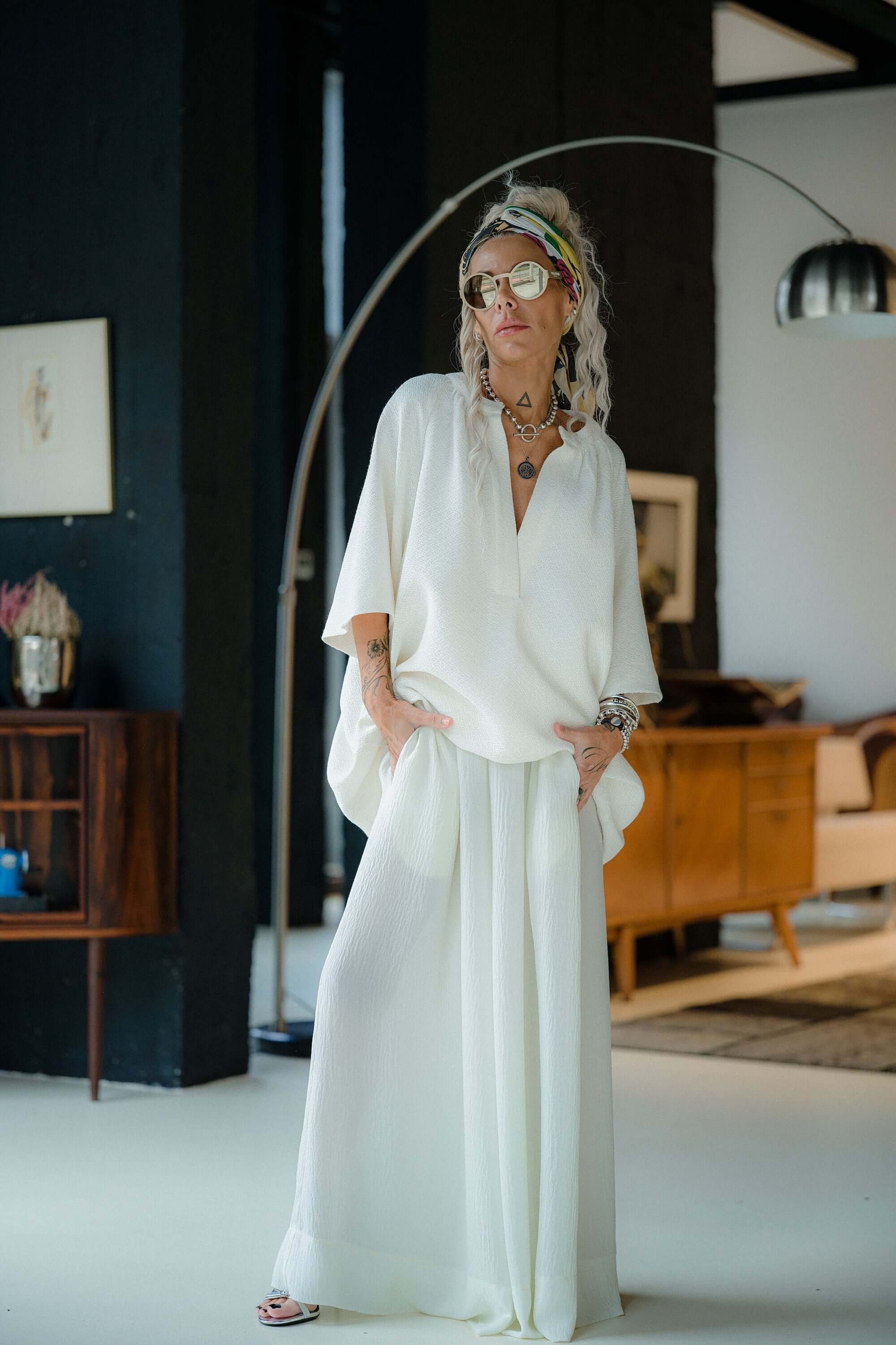 Ivory Textured Wide Leg Pants