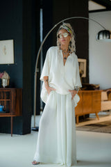 Ivory Textured Wide Leg Pants