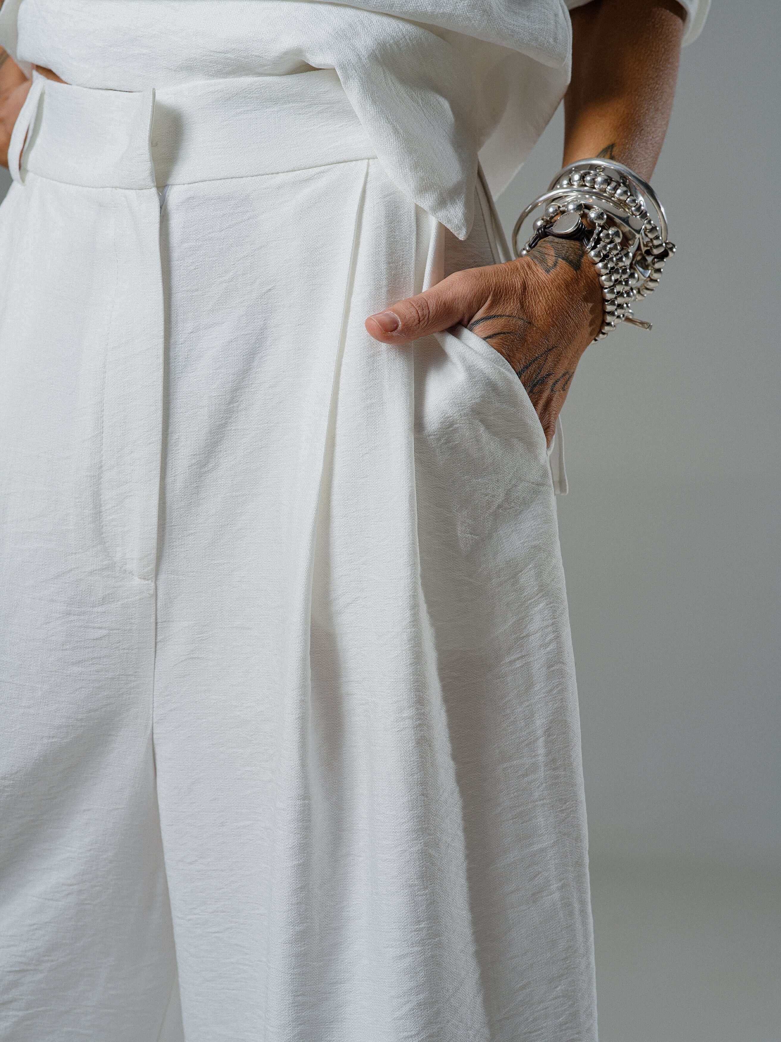 Ivory Draped Blouse and Bermuda Pants Co-Ord