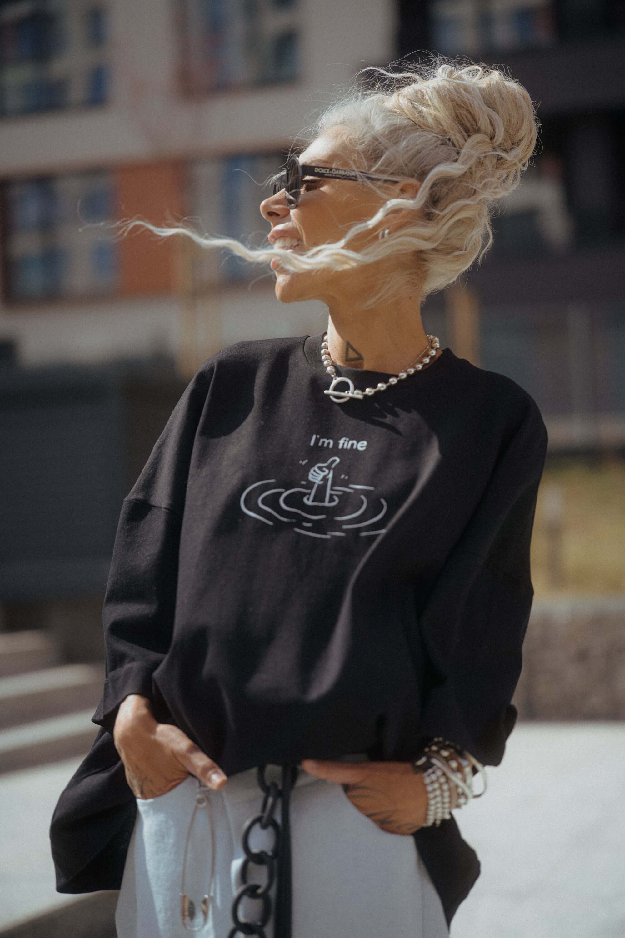 Black Oversized “I'm Fine” Graphic T-Shirt
