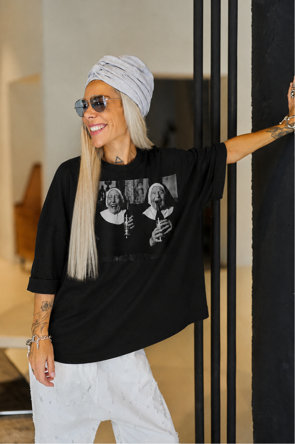 Black Oversized Graphic T-Shirt – "Sisters of the Night"