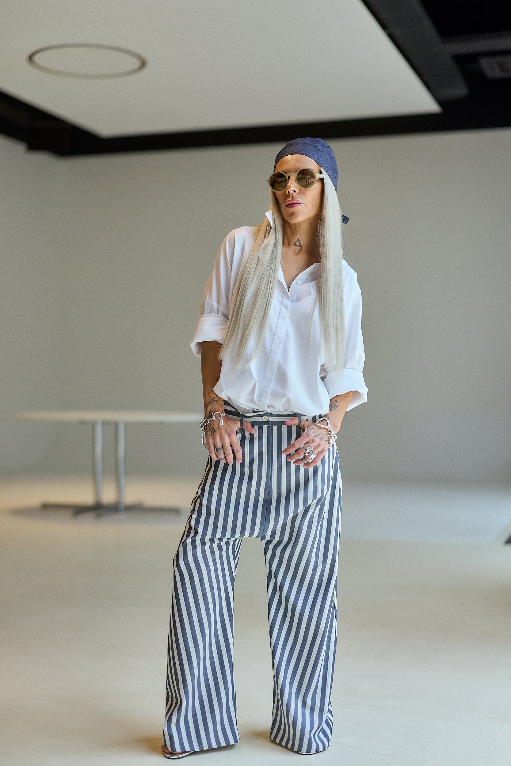 Blue & White Striped Wide-Leg Pants