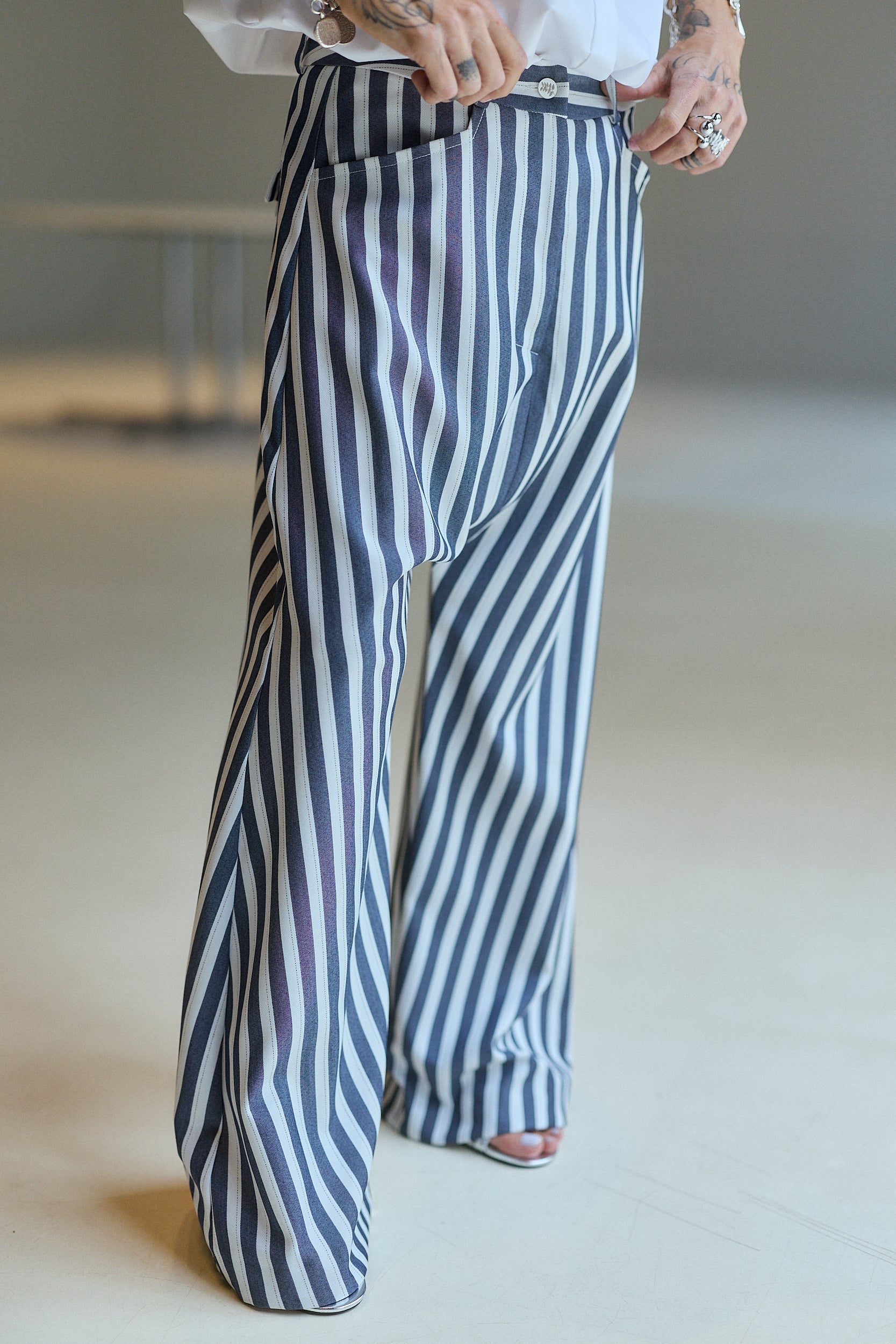 Blue & White Striped Wide-Leg Pants