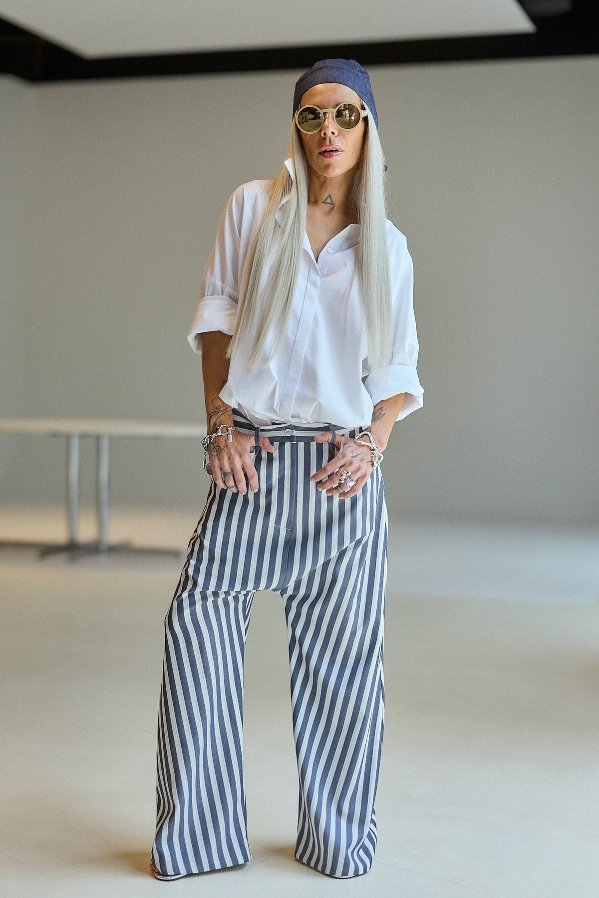 Blue & White Striped Wide-Leg Pants