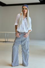 Blue & White Striped Wide-Leg Pants
