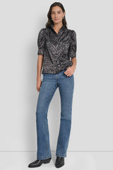 PUFF SLEEVE COLLARLESS SHIRT