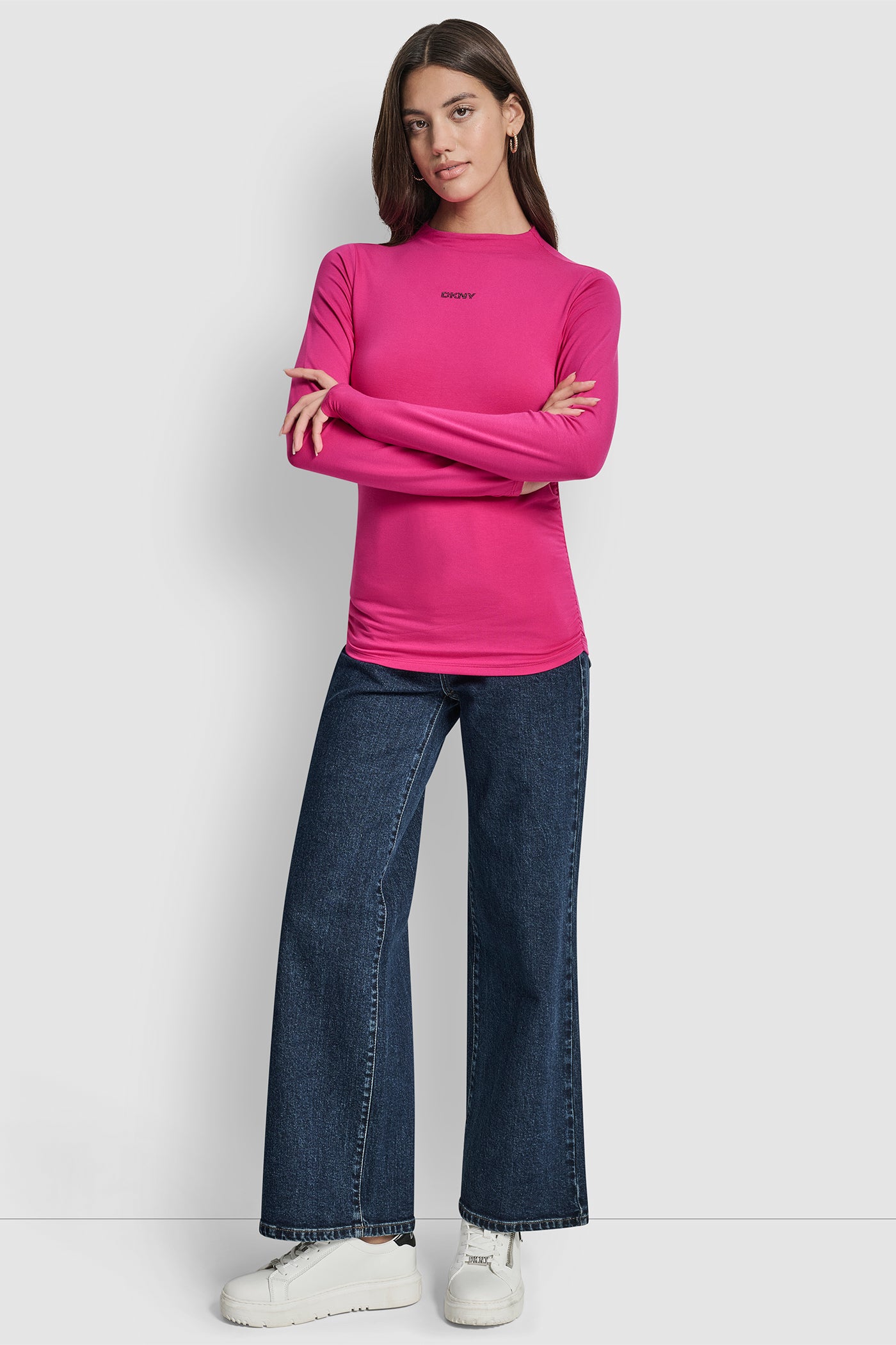 SIDE RUCHED HIGH NECK LONG SLEEVE TOP WITH RHINESTONE