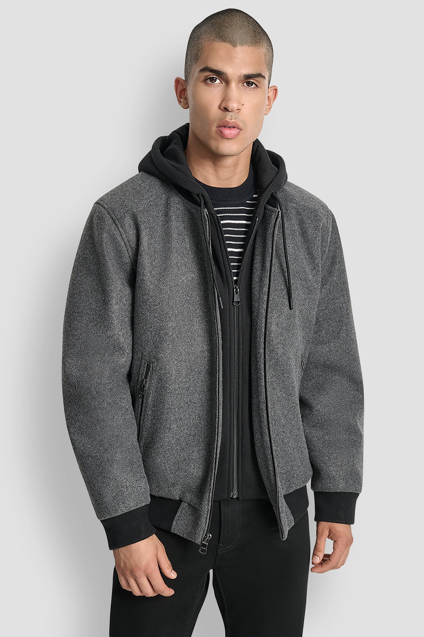 FAUX WOOL BOMBER WITH HOODED BIB