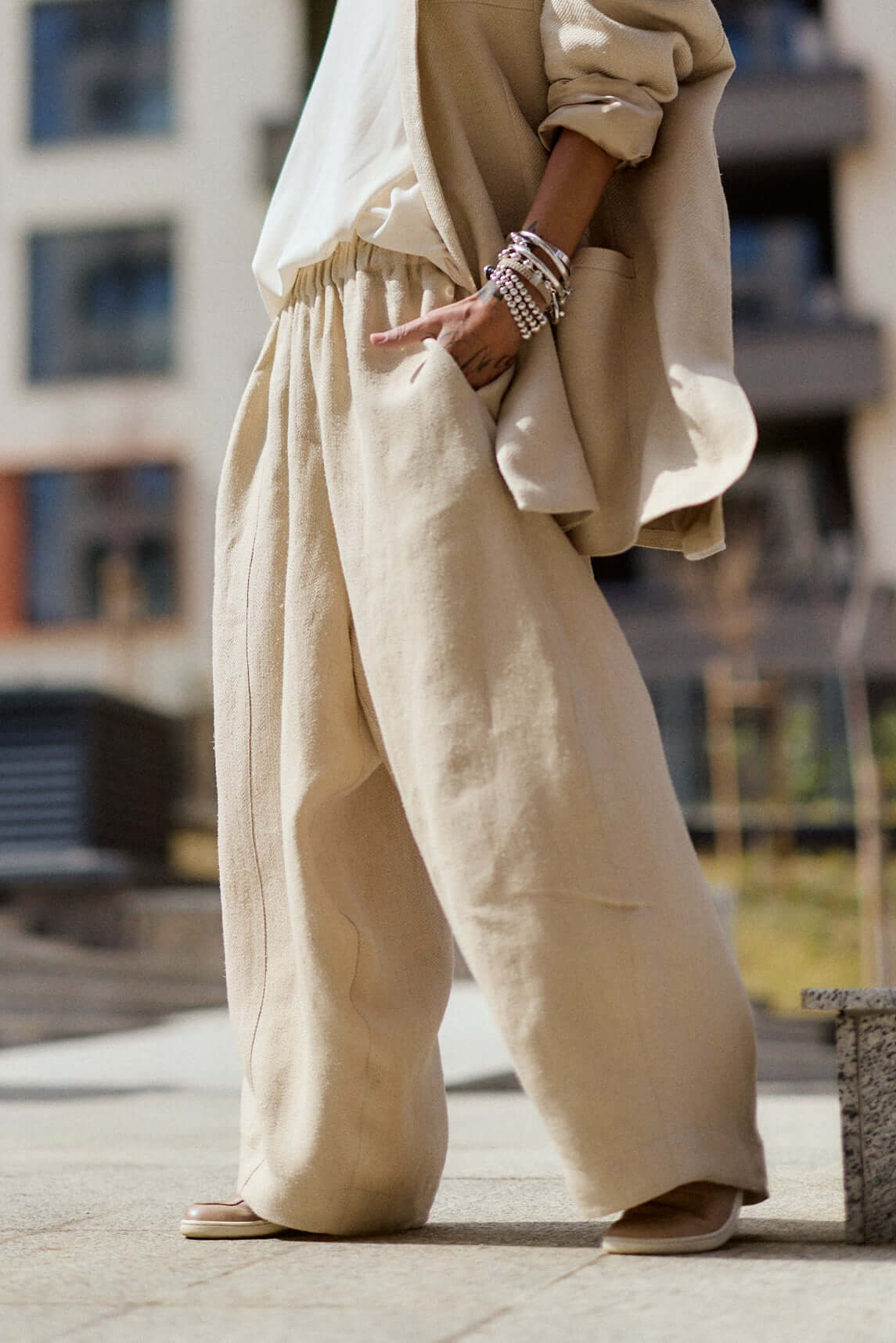 Relaxed Beige Wide-Leg Pants