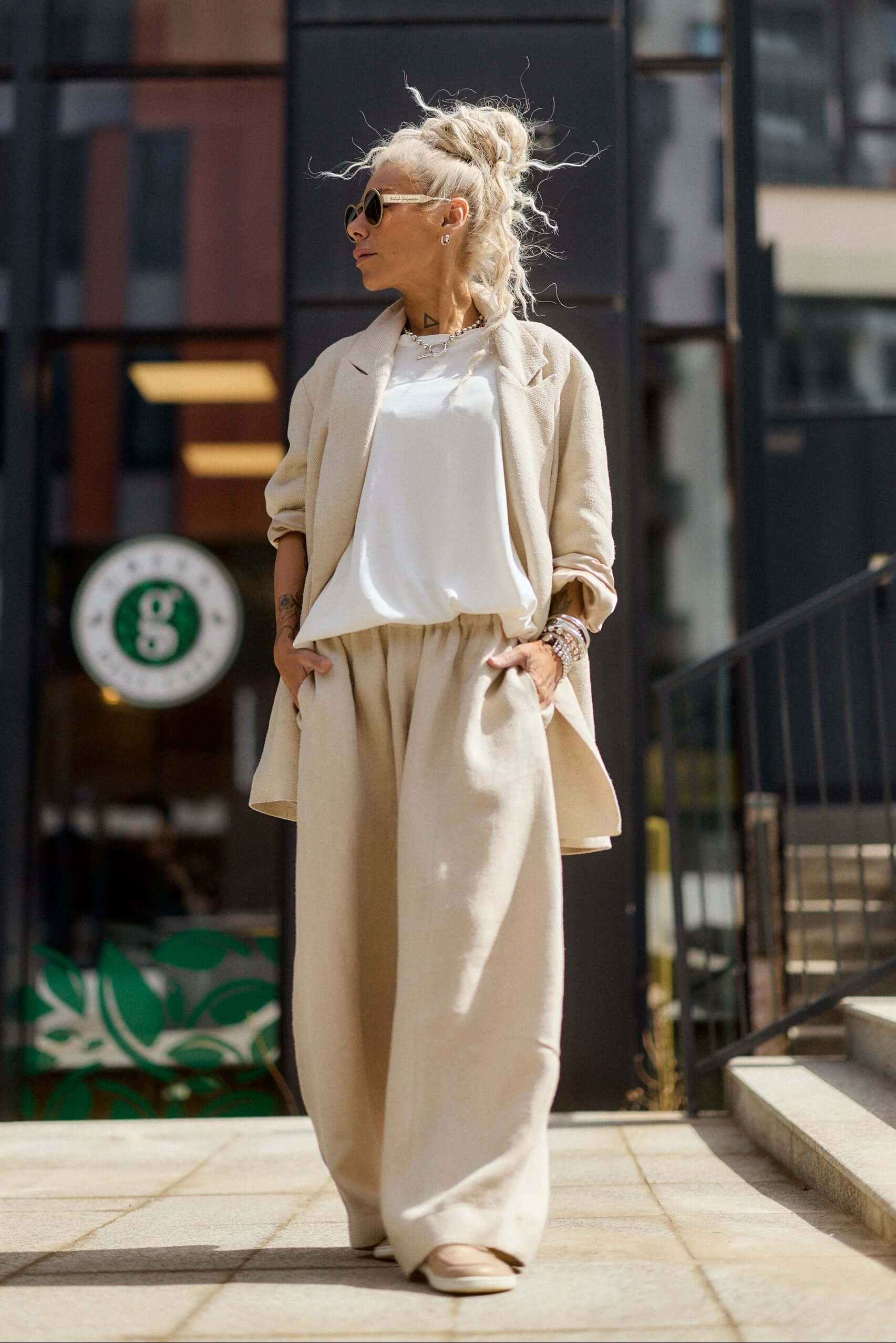 Relaxed Beige Wide-Leg Pants
