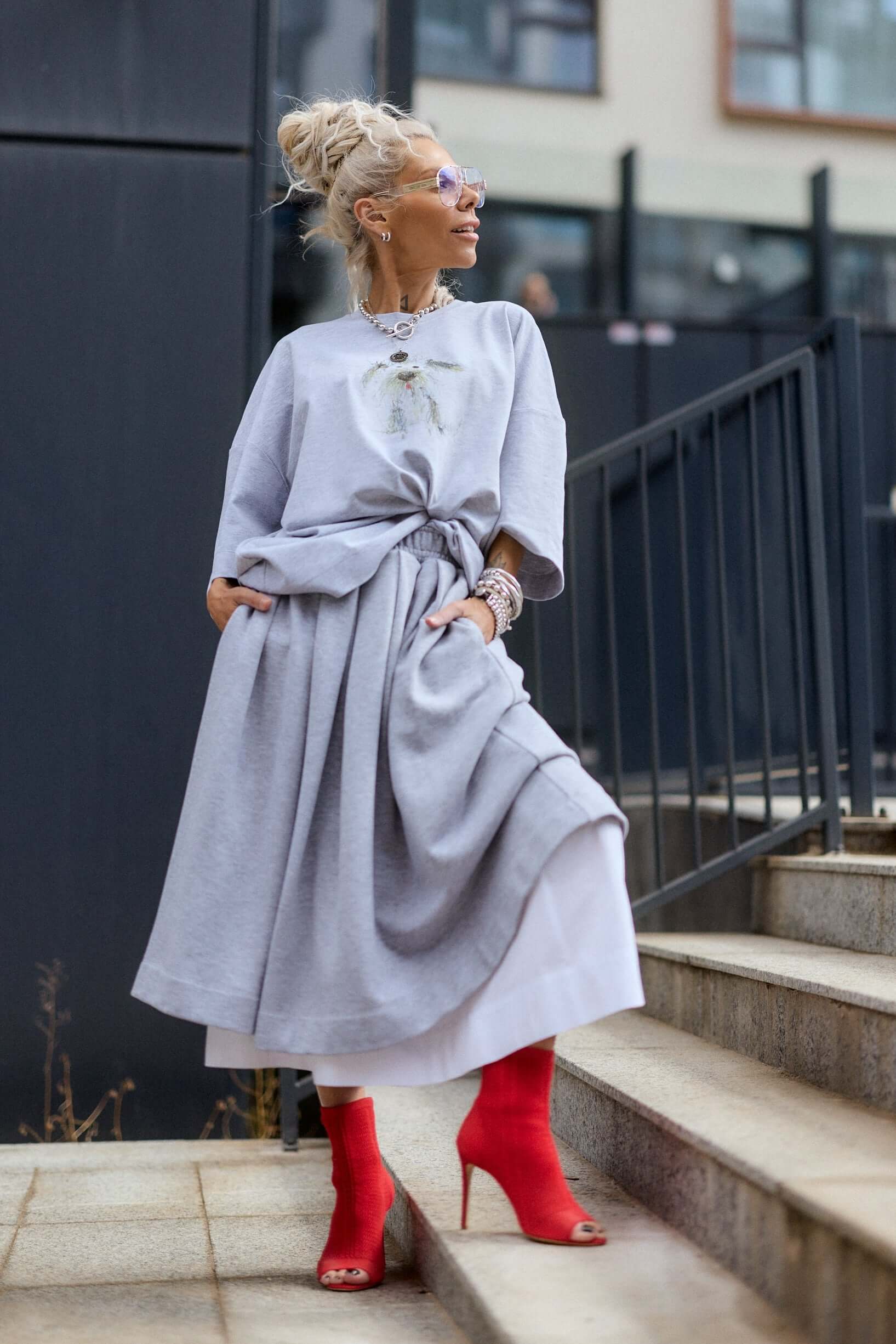 Grey Pleated Midi Skirt