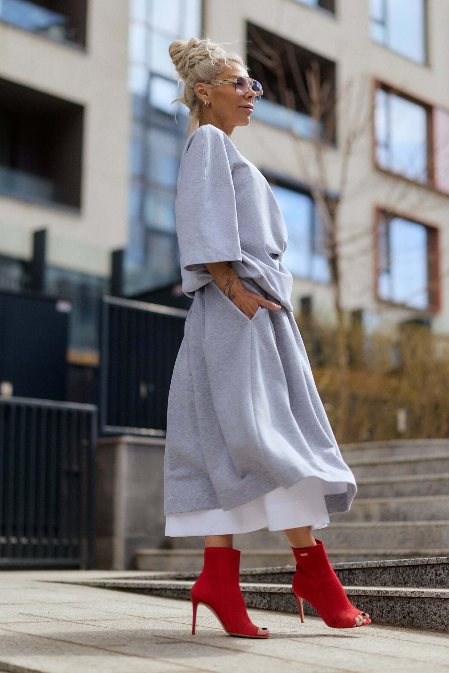 Grey Pleated Midi Skirt