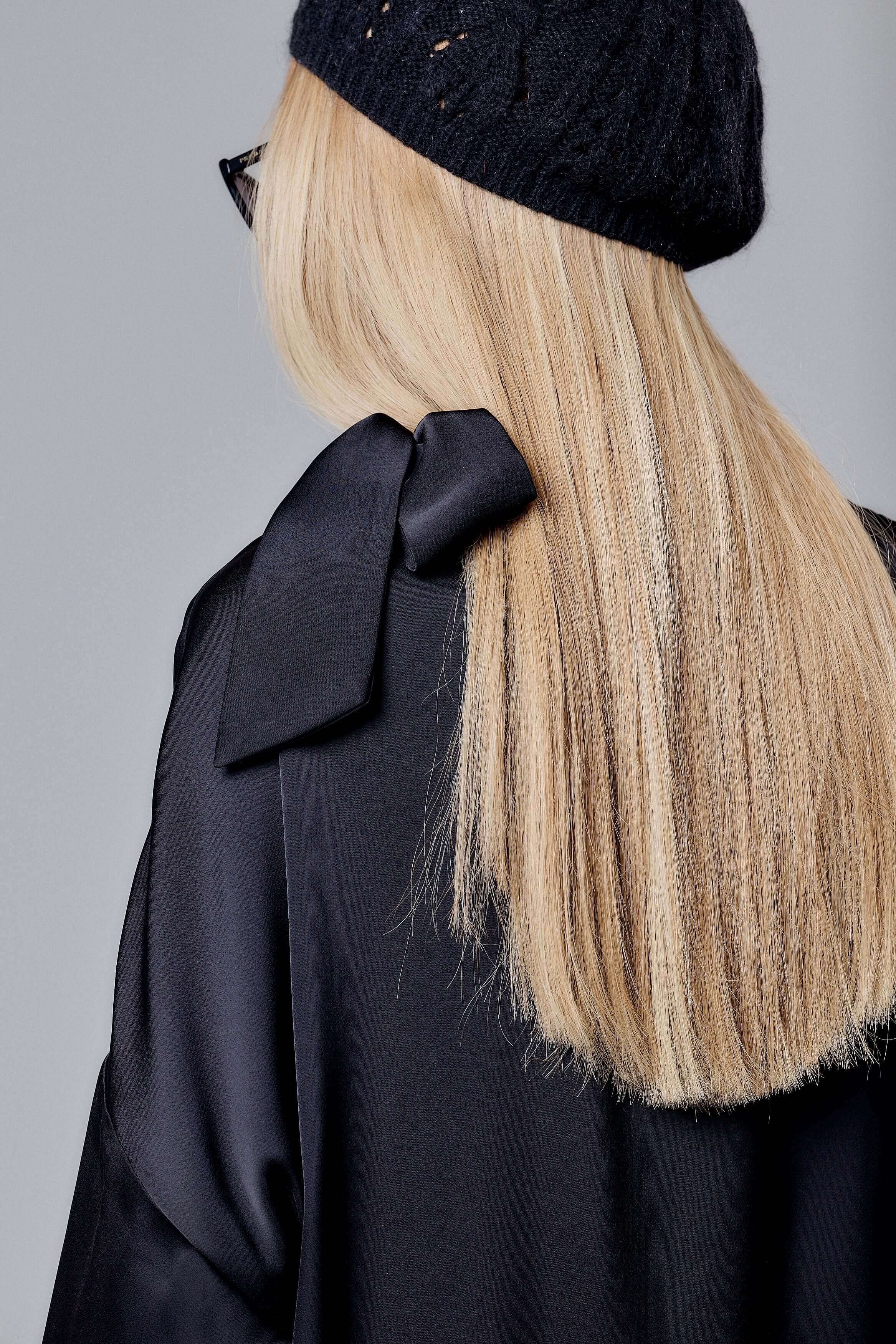 Black Satin Set with Shoulder Bow Detail