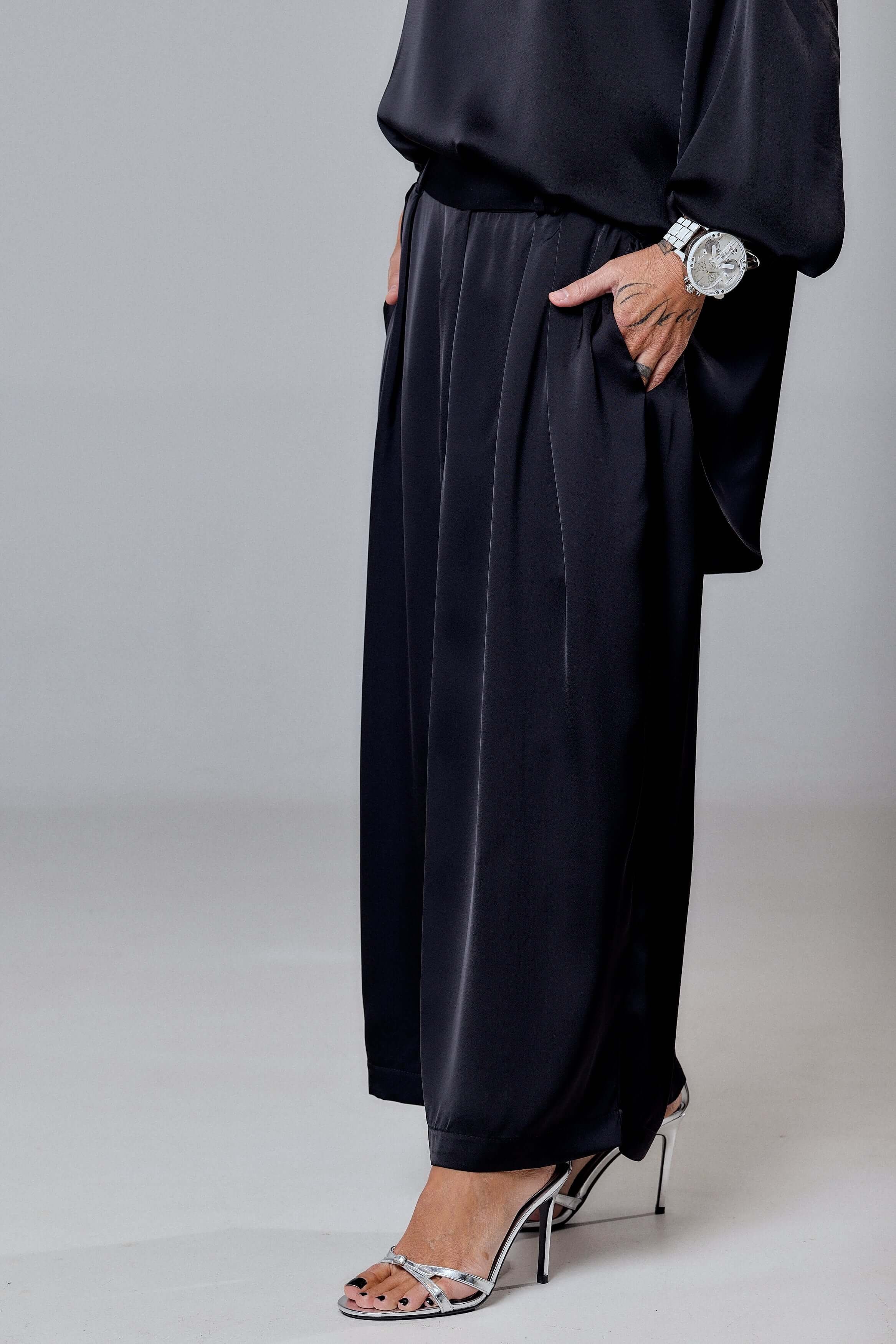 Black Satin Set with Shoulder Bow Detail