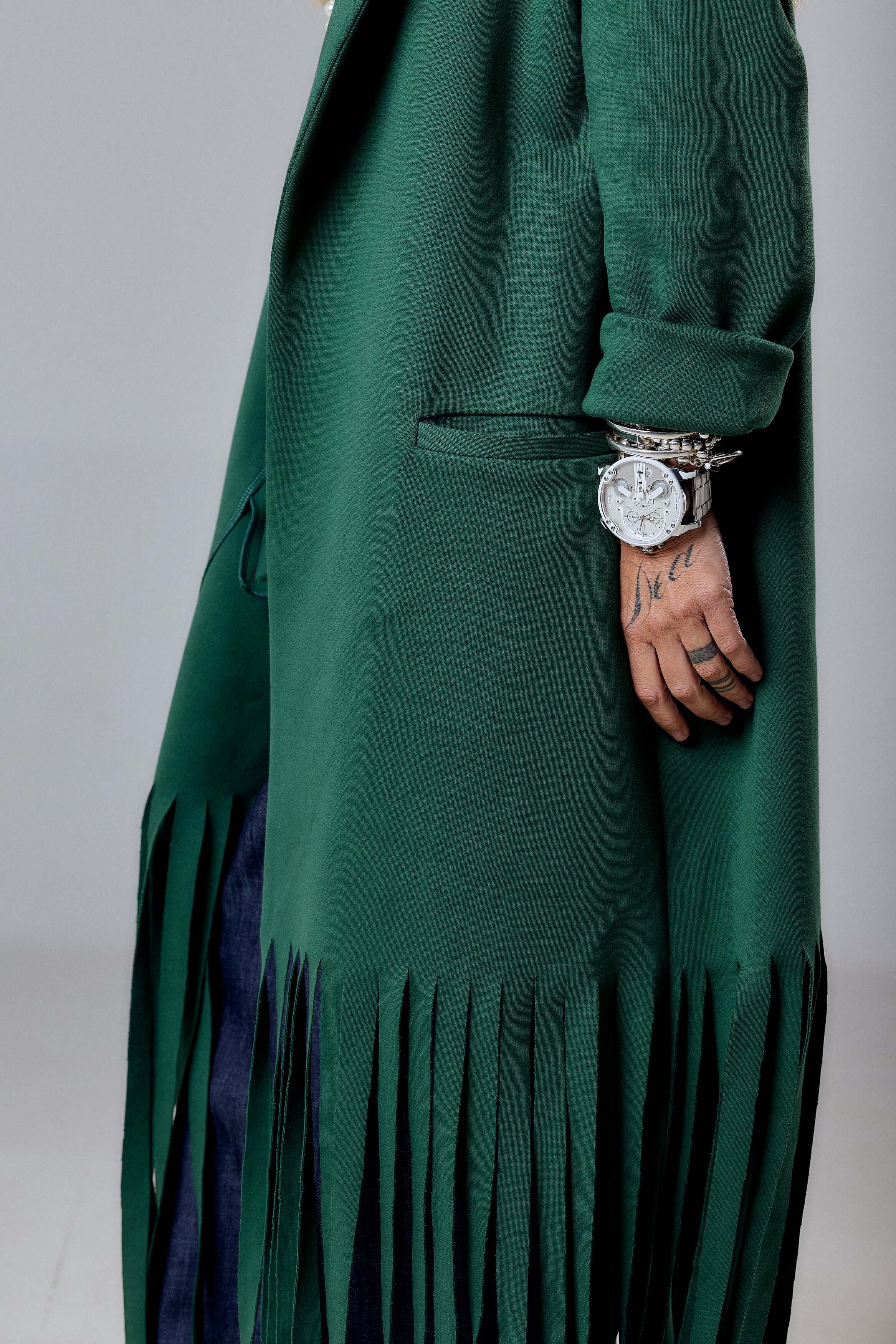 Green Long Coat with Fringe Detail