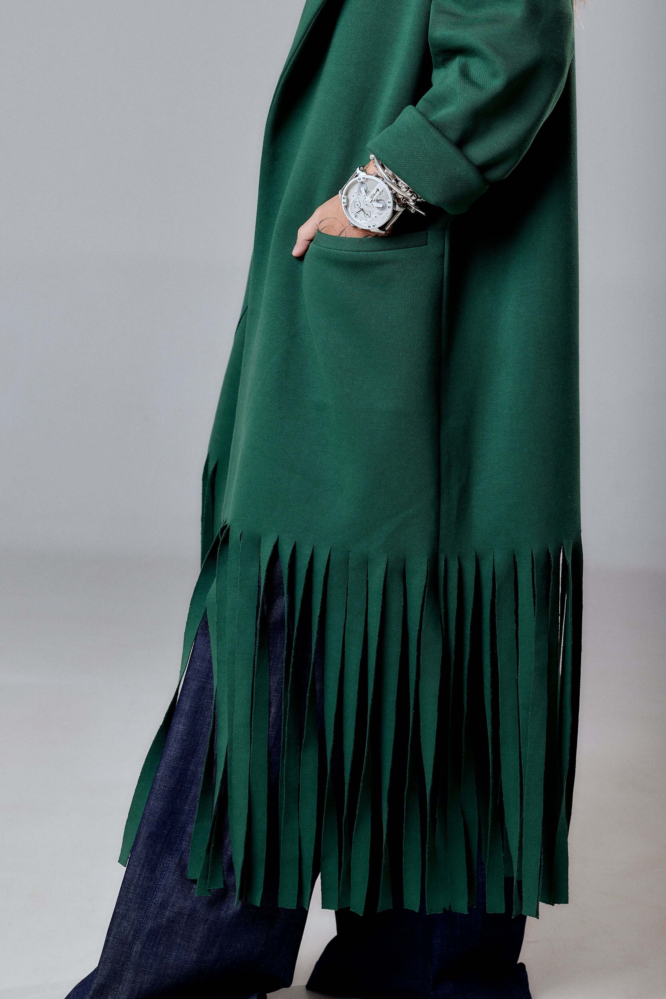 Green Long Coat with Fringe Detail