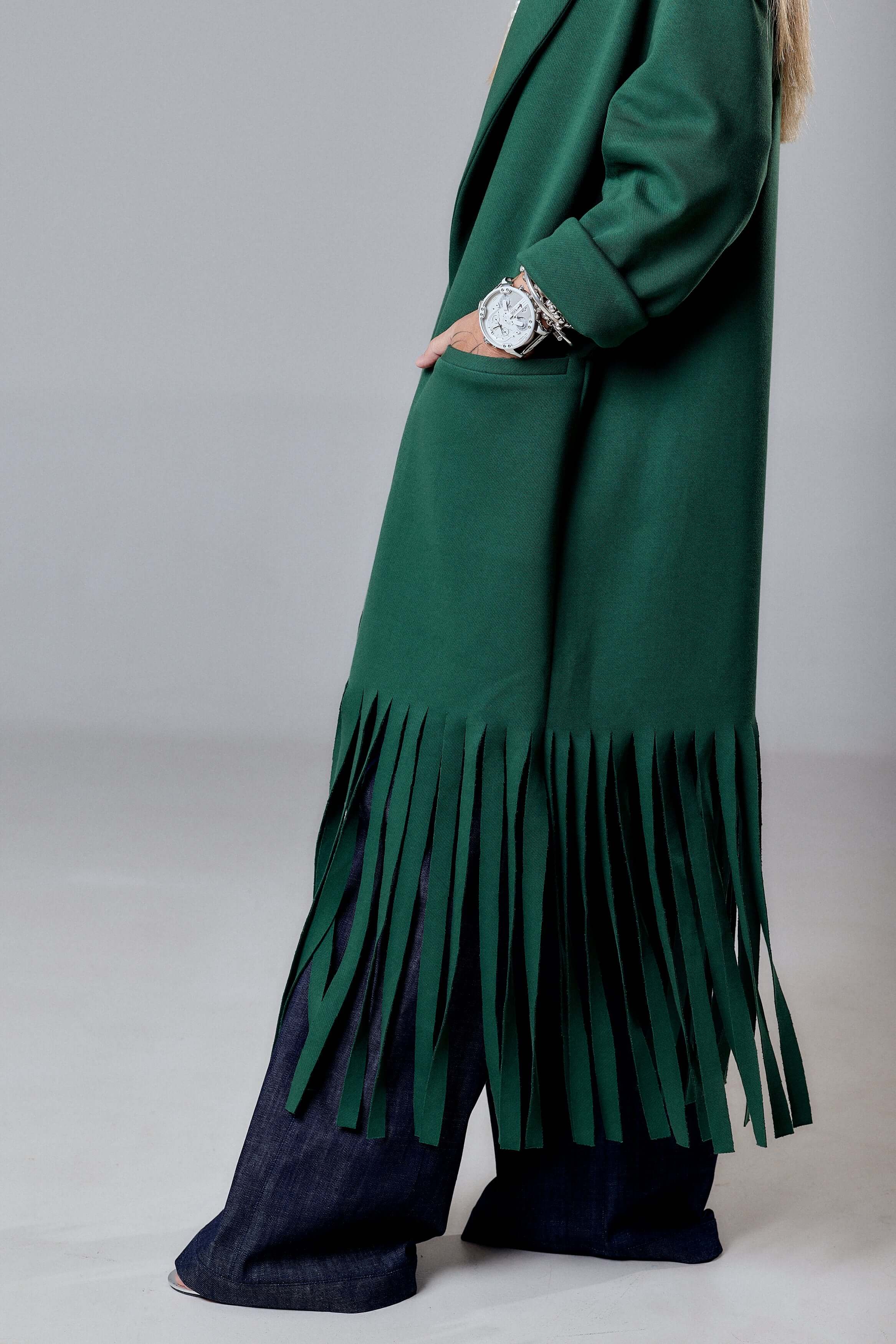 Green Long Coat with Fringe Detail