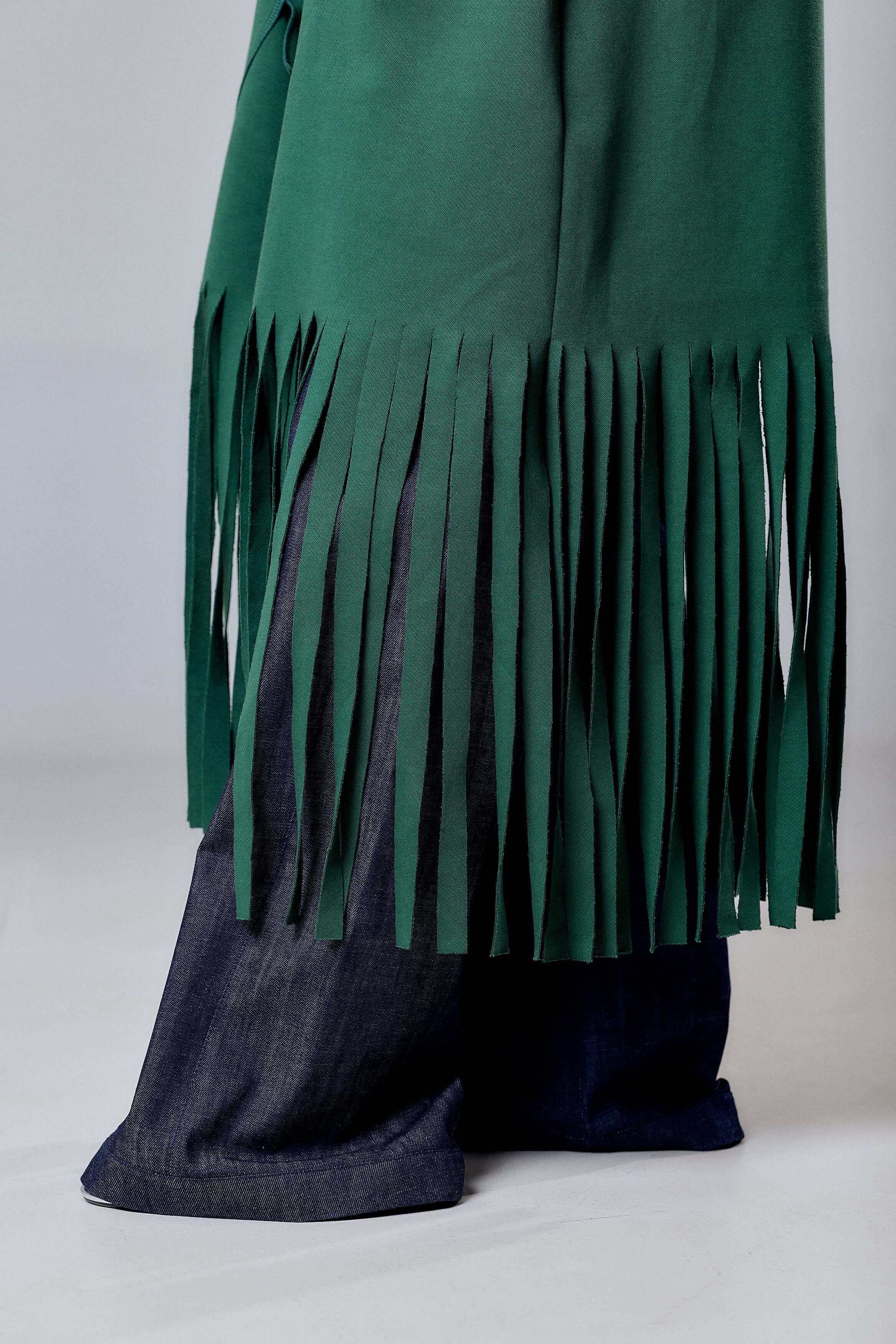 Green Long Coat with Fringe Detail